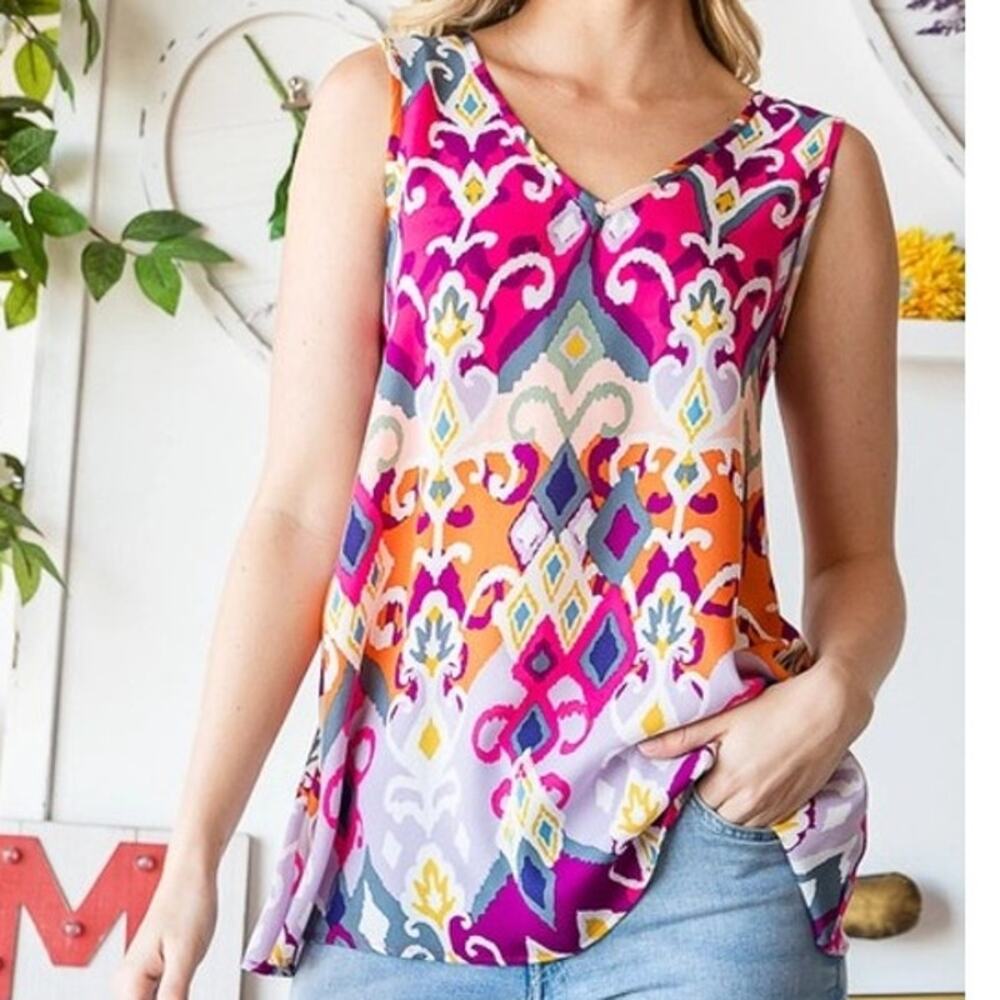 Fuchsia Multicolor Flare Top with Self Tie Back